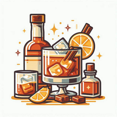 Alcoholic cocktail with ice, rum, rum, brandy, whiskey, ice cubes, orange slice, cinnamon sticks. Vector illustration.のイラスト素材