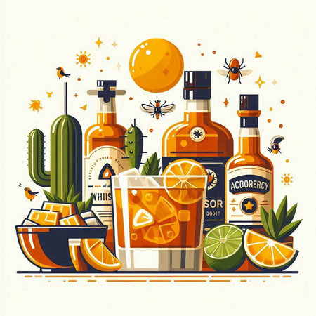 Cinco de mayo party poster with tequila, tequila, lime and cactus. Vector illustrationのイラスト素材