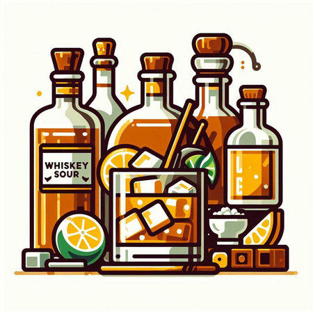 Alcoholic beverages. Bottles of whiskey, rum, rum, brandy, ice cubes, lemon, lime, ice cubes. Vector illustrationのイラスト素材