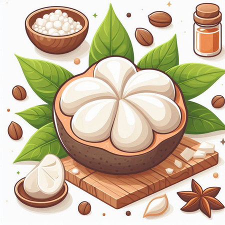 Mangosteen fruit with leaves and spices. Vector illustration.のイラスト素材