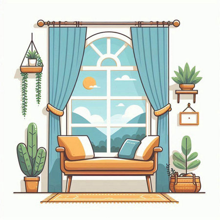 Interior of the living room with a window, a sofa and a flowerpot. Vector illustration.のイラスト素材