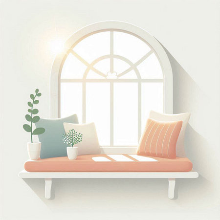 Sofa with pillows on the windowsill. Vector illustrationのイラスト素材
