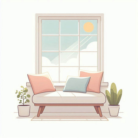 Illustration of a living room with a large window and a sofaのイラスト素材