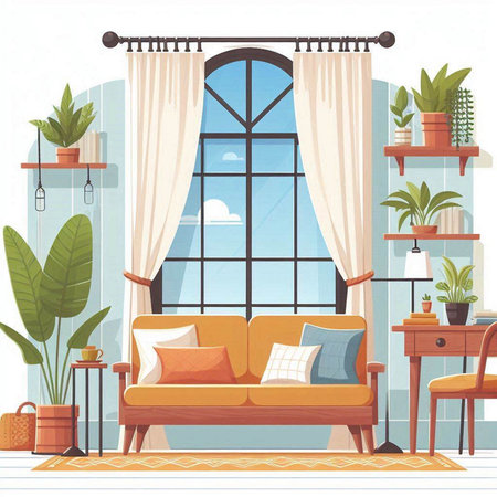 Living room interior with sofa, coffee table, plants and curtains. Flat style vector illustration.のイラスト素材