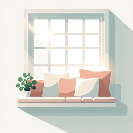 Illustration of a room with a window and a set of pillowsのイラスト素材