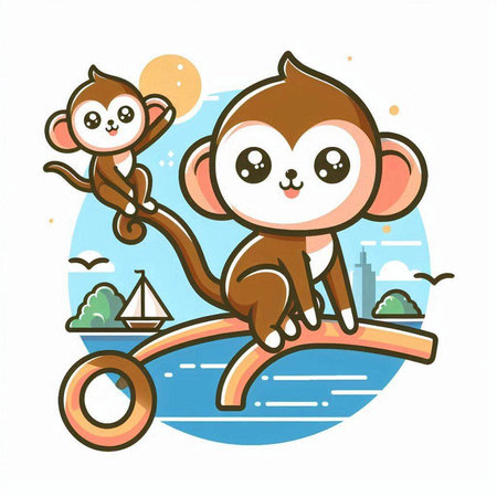 Cute monkey on the bicycle. Vector illustration in cartoon style.のイラスト素材