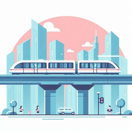 Modern high speed train on the city street. Vector illustration in flat styleのイラスト素材