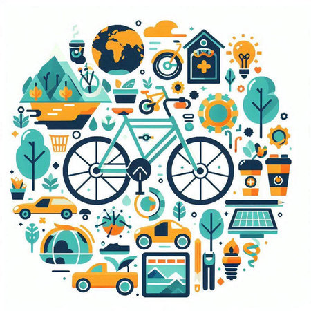 Ecology concept. Vector illustration in flat design with bicycle, solar panels, trash can, light bulb, eco-friendly transport, eco-friendly transport.のイラスト素材