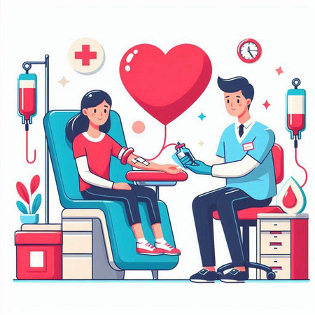Blood donation concept. Doctor giving blood donation to woman patient. Vector illustrationのイラスト素材