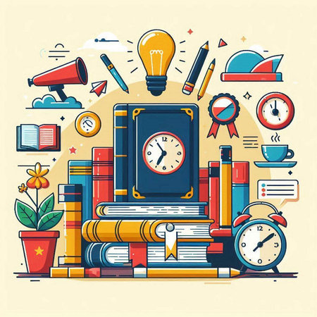 Vector illustration with books, alarm clock, lamp and other education objects.のイラスト素材