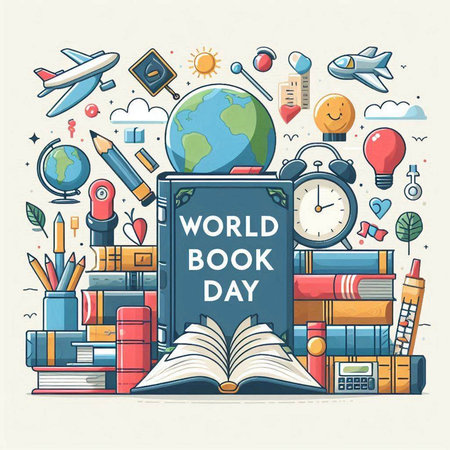 World Book Day. Vector illustration with book, books, globe, clock, pencils and other elements.のイラスト素材