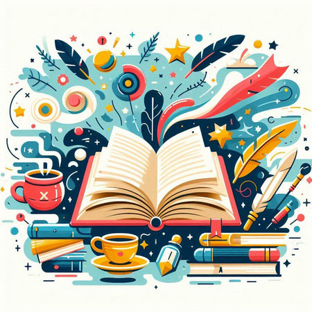 Vector illustration of a book, coffee cup, books and other itemsのイラスト素材