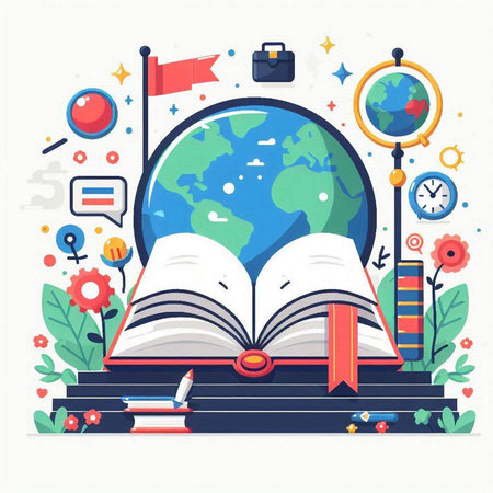 Vector illustration of open book with world map and education icons around.のイラスト素材