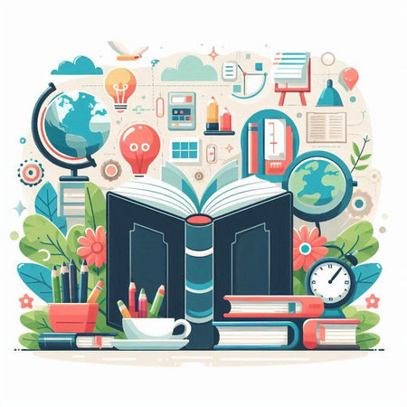 Back to school concept. Vector illustration with books, globe, pencils, stationery and other items.のイラスト素材