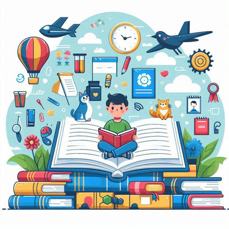 Vector illustration of a boy reading a book on the background of school suppliesのイラスト素材