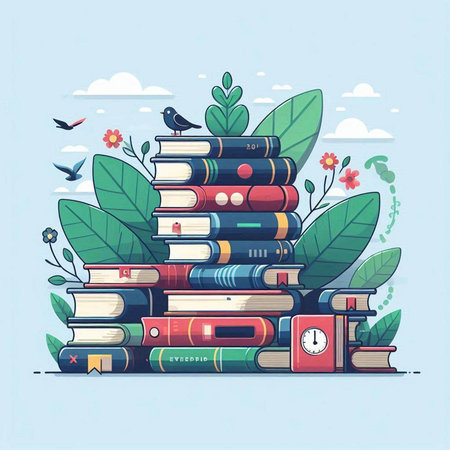 Vector illustration of stack of books with leaves and birds on blue backgroundのイラスト素材