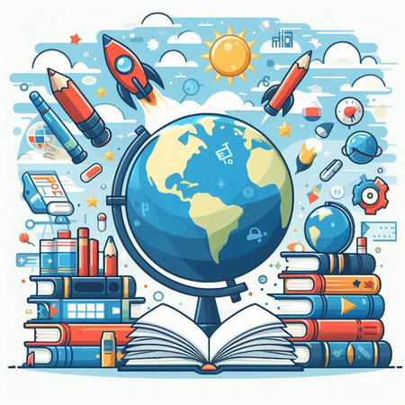 Vector illustration of education concept with books, globe, rocket and iconsのイラスト素材