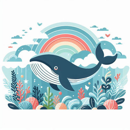 Vector illustration of cute cartoon whale in the sea with rainbow background.のイラスト素材