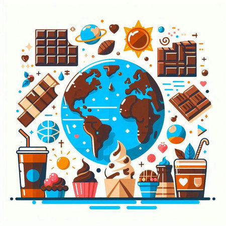 Coffee break. Vector flat illustration with world map, ice cream, chocolate bar, ice cream, cupcake, ice cream.のイラスト素材