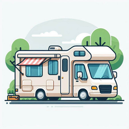 Camper trailer. Vector illustration in flat style. Family vacation in motor home.のイラスト素材