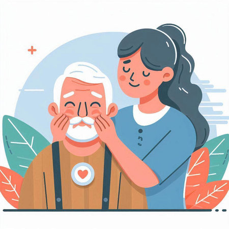 Elderly woman caring for her sick grandfather. Flat vector illustration.のイラスト素材