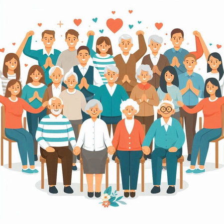 Group of elderly people with different nationalities. Vector illustration in cartoon style.のイラスト素材