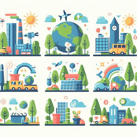 Ecology and environment icons set. Vector illustration in flat style.のイラスト素材