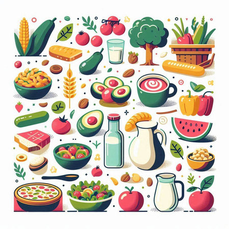 Healthy food icons set. Vector illustration in flat cartoon style.のイラスト素材