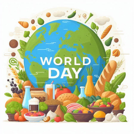 World food day poster with vegetables, meat and dairy products vector illustrationのイラスト素材