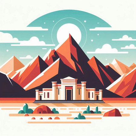 Egyptian pyramids in flat style. Landscape with mountains. Vector illustration.のイラスト素材