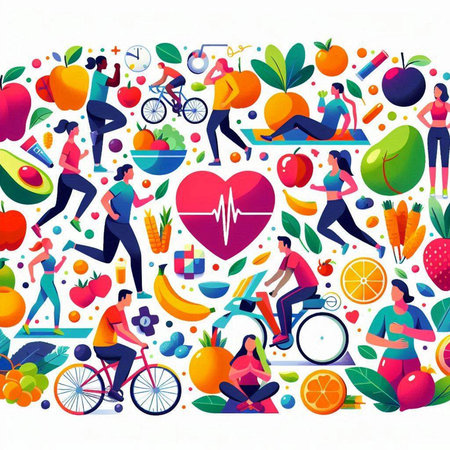 Healthy lifestyle concept with people and healthy food. Vector illustration.のイラスト素材