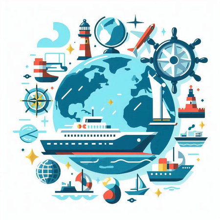 Sea travel concept. Vector illustration in flat style with icons of cruise ship, lighthouse, steering wheel and world map.のイラスト素材