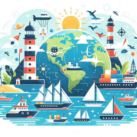 Vector flat illustration of sea travel around the world on white background.のイラスト素材