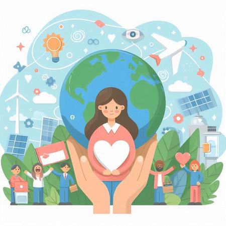 Save the planet concept. Young woman holding heart in hands. Vector illustrationのイラスト素材