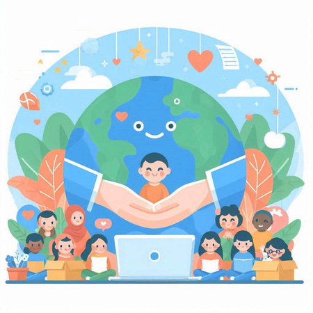 People with globe and laptop. World environment day concept. Vector illustrationのイラスト素材