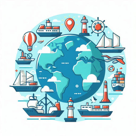 Logistics and transportation of goods around the world. Vector flat illustrationのイラスト素材