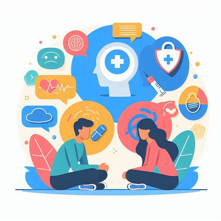 Psychotherapy concept. Man and woman sitting on the floor with social media icons aroundのイラスト素材