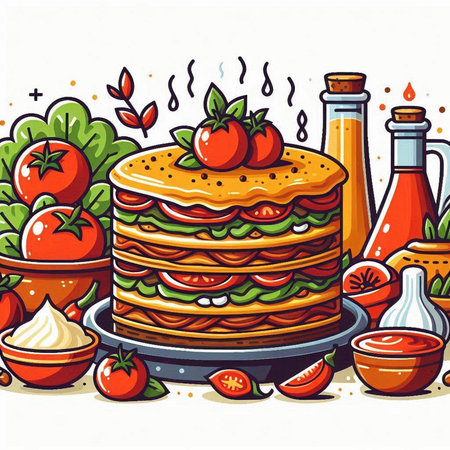 Illustration of a Stack of Homemade Tomato Pancakes with Ingredientsのイラスト素材