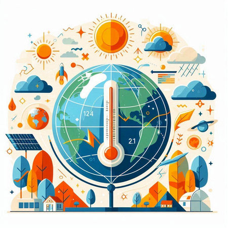 Earth globe with thermometer. Global warming and climate change concept. Vector illustrationのイラスト素材