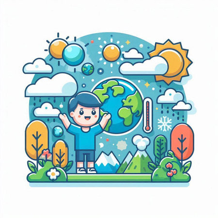 Vector illustration of a boy with a globe in his hands on the background of nature.のイラスト素材