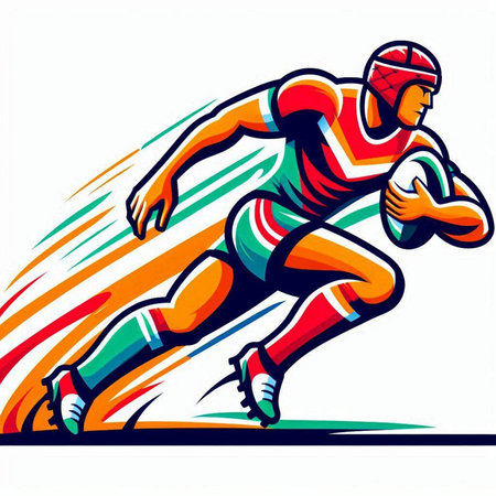 Rugby player running with helmet and ball, vector illustration.のイラスト素材