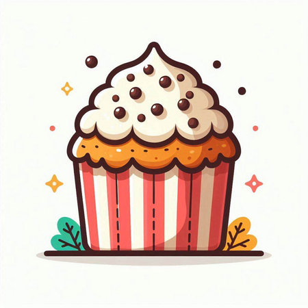 Cupcake with whipped cream and chocolate chips. Vector illustration.のイラスト素材