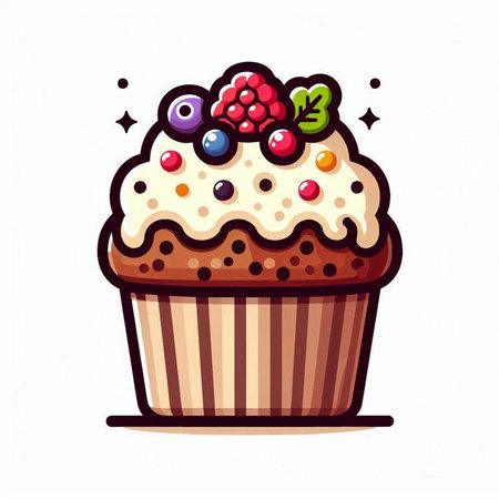 Cupcake with cream and berries. Vector illustration on white background.のイラスト素材