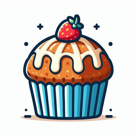 Cupcake with strawberry on white background. Vector illustration in cartoon style.のイラスト素材