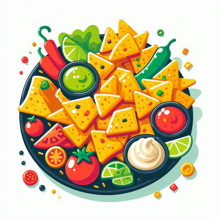 Mexican nachos, tortilla chips and salsa. Vector illustrationのイラスト素材