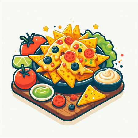 Mexican food. Nachos, salsa, guacamole, cheese, tomato and olives. Vector illustrationのイラスト素材