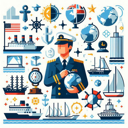 Marine and nautical icons set in flat style. Vector illustrationのイラスト素材