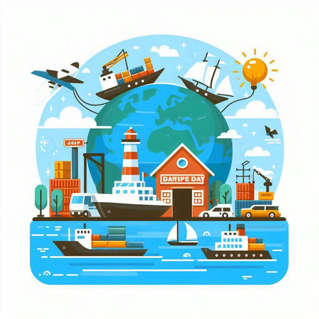 Flat design vector illustration concept of global logistics and transportation. Cargo ship, airplane, ship, lighthouse, seagull, ship, ship, ship, container.のイラスト素材