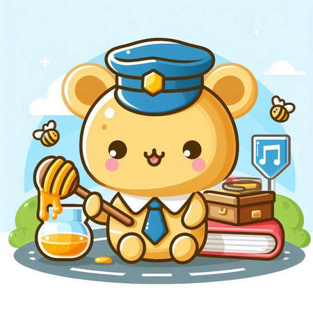 Cute cartoon teddy bear in police hat with honey, books and bee.のイラスト素材