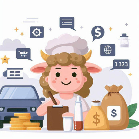 Sheep in a hat with a bag of money. Vector illustrationのイラスト素材